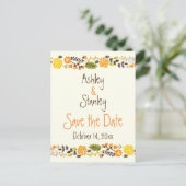 Carte Postale Faire-part Mariage à la frontière fleurie orange et jaune Enr (Debout devant)