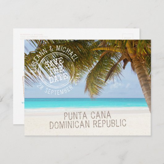 Carte Postale Faire-part Mariage à la Plage avec Palmier Sableux Enregistre (Devant / Derrière)