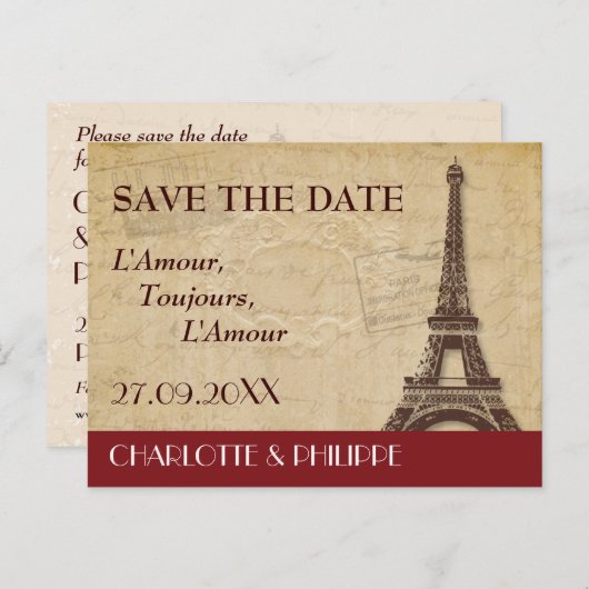 Carte Postale Faire-part Mariage à Paris - Réservez la date (Devant / Derrière)