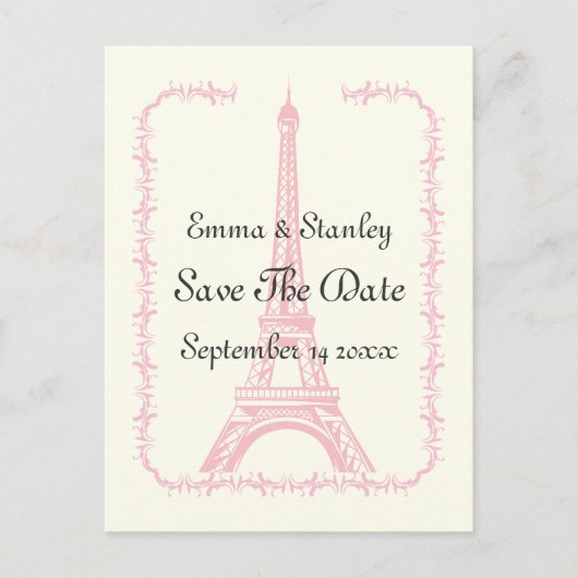 Carte Postale Faire-part Mariage à Paris Tour Eiffel rose Save the Date (Devant)