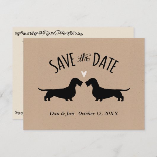 Carte Postale Faire-part Mariage à poils durs Dachshunds Enregistrer la dat (Devant / Derrière)