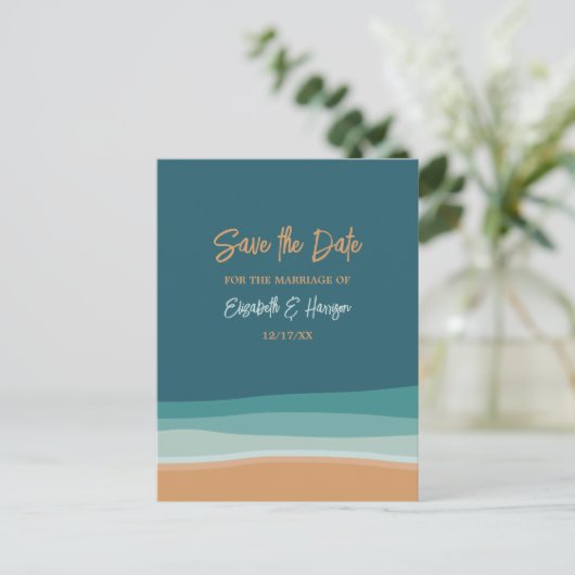 Carte Postale Faire-part Mariage Abstrait Ocean Beach Enregistrer La Date (Debout devant)