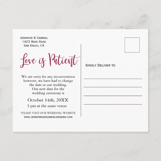 Carte Postale Faire-part Mariage Amour est Patient Reporté Simple Photo (Dos)