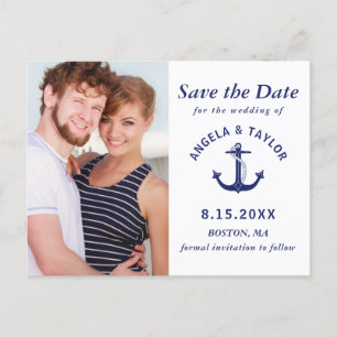 Carte Postale Faire-part Mariage Ancre nautique Photo Marine Bleu