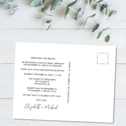 Carte Postale Faire-part Mariage après fuite amoureuse Réception