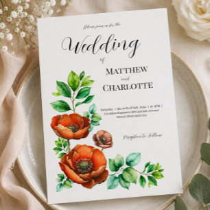 Carte Postale Faire-part Mariage Aquarelle Coquelicots Rouges de Style Vint