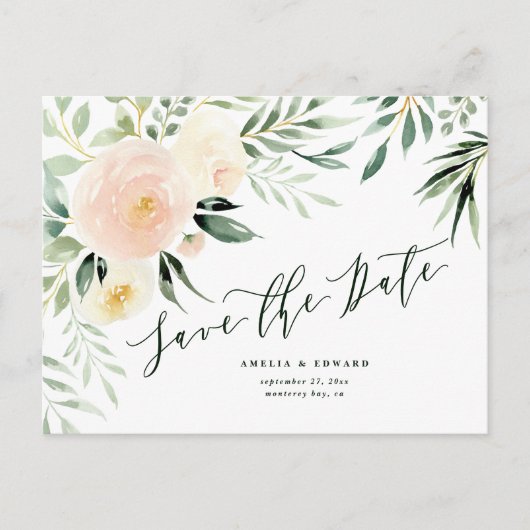 Carte Postale Faire-part Mariage aquarelle pêche florale & feuillage (Devant)