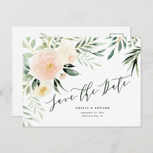 Carte Postale Faire-part Mariage aquarelle pêche rose florale & feuillage (Devant / Derrière)