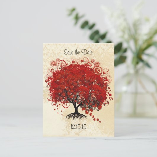 Carte Postale Faire-part Mariage Arbre Rouge Enregistrer La Date (Debout devant)