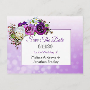 Carte Postale Faire-part Mariage au bouquet de rose violet Enregistrer la d