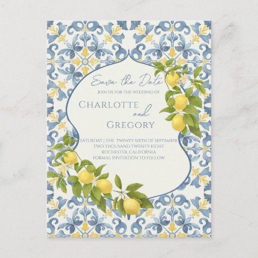 Carte Postale Faire-part Mariage au citron en tuile bleue italienne Enregis (Devant)