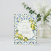 Carte Postale Faire-part Mariage au citron en tuile bleue italienne Enregis (Debout devant)