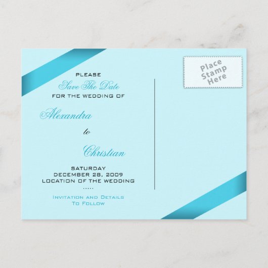 Carte Postale Faire-part Mariage au ruban turquoise Enregistrer la date 2 (Dos)