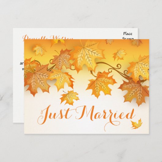 Carte Postale Faire-part Mariage aux feuilles d'automne rustiques Orange (Devant / Derrière)