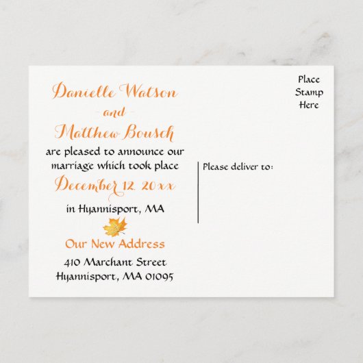 Carte Postale Faire-part Mariage aux feuilles d'automne rustiques Orange (Dos)