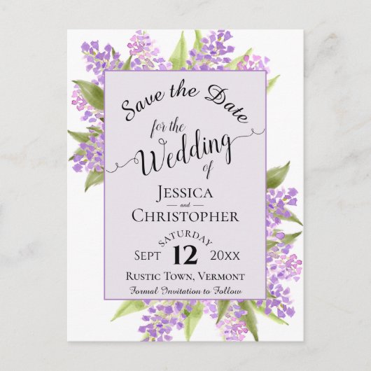 Carte Postale Faire-part Mariage aux Lilas Aquarelle Save the Date Lavande (Devant)