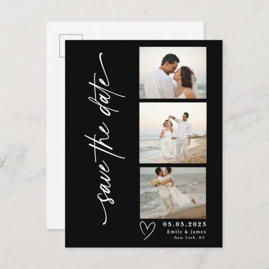 Carte Postale Faire-part Mariage Bande Photo de Script Vertical Classique (Devant / Derrière)