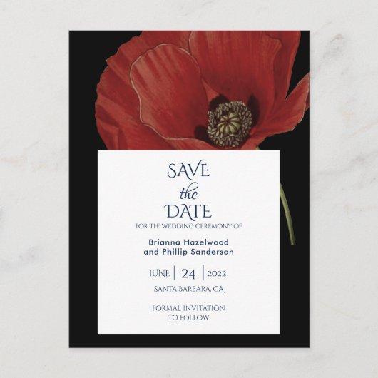 Carte Postale Faire-part Mariage Black Red Poppy moderne Enregistrer la dat (Devant)