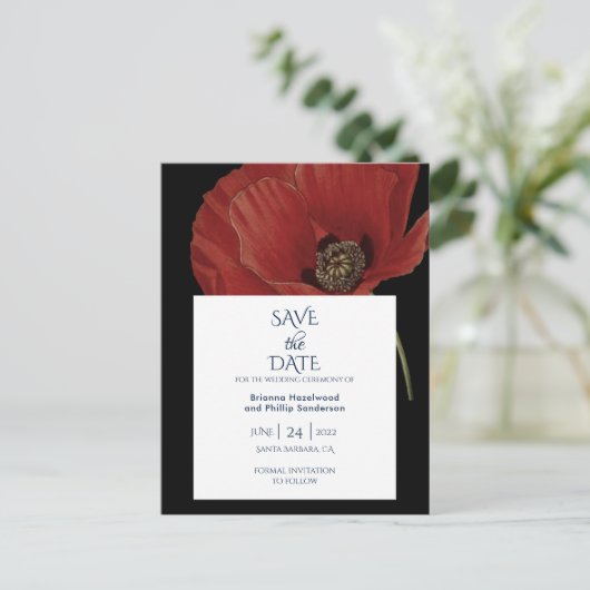 Carte Postale Faire-part Mariage Black Red Poppy moderne Enregistrer la dat (Debout devant)