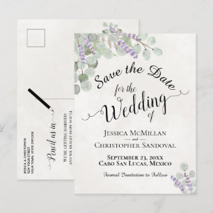 Carte Postale Faire-part Mariage Blanc à l'Eucalyptus & Lavande Enregistrez