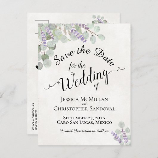 Carte Postale Faire-part Mariage Blanc à l'Eucalyptus & Lavande Enregistrez (Devant / Derrière)