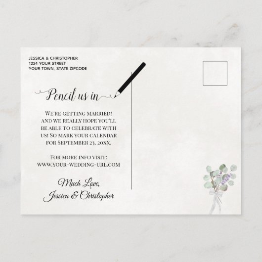 Carte Postale Faire-part Mariage Blanc à l'Eucalyptus & Lavande Enregistrez (Dos)