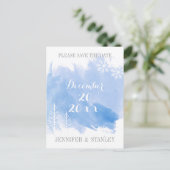 Carte Postale Faire-part Mariage bleu aquarelle moderne Enregistrer la date (Debout devant)