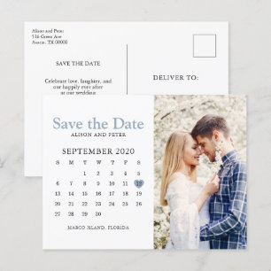 Carte Postale Faire-part Mariage bleu Dusty Enregistrer la photo du calendr