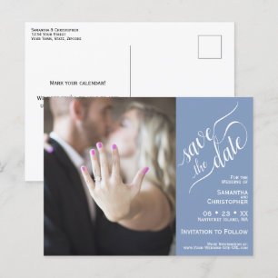 Carte Postale Faire-part Mariage bleu Enregistrer la date Photo & Calligrap