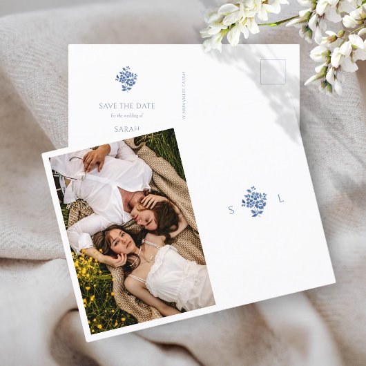 Carte Postale Faire-part Mariage bleu et blanc Floral Monogramme Mariage