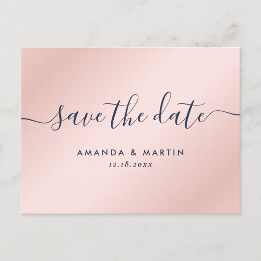 Carte Postale Faire-part Mariage Bleu Nuit et Rose à Sauvegarder (Devant)