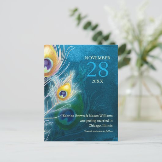 Carte Postale Faire-part Mariage Bleu Paon Moderne Épargnez la Date (Debout devant)