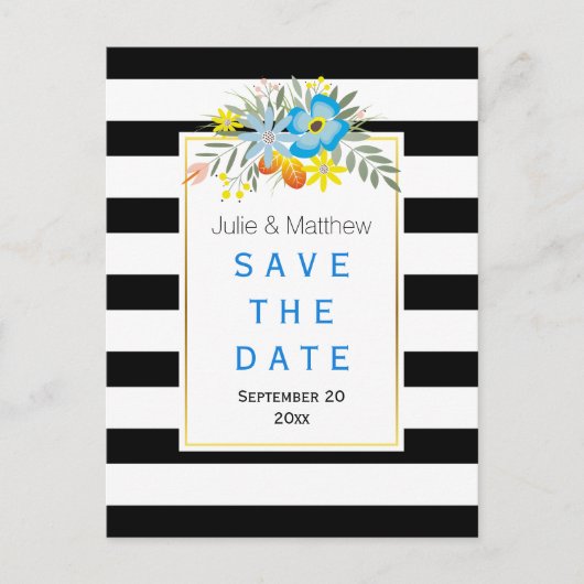 Carte Postale Faire-part Mariage Blue flowers & stripes Enregistrer la date (Devant)