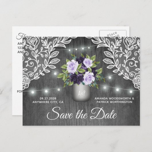 Carte Postale Faire-part Mariage Bocal Mason Violet Argent Enregistrer la D (Devant / Derrière)