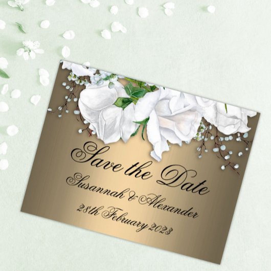 Carte Postale Faire-part Mariage Boho Bronze et Roses Blanches Save the Dat