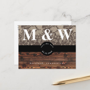 Carte Postale Faire-part Mariage Bois Rustique & Dentelle, Enregistrez la D