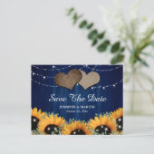 Carte Postale Faire-part Mariage Bois Rustique Tournesol Bleu Marine (Debout devant)