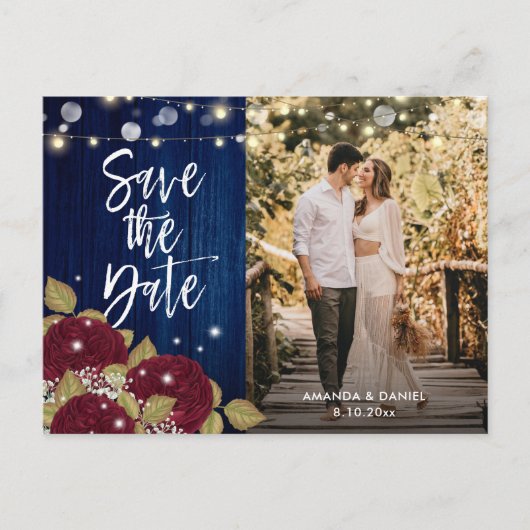 Carte Postale Faire-part Mariage Bourgogne et Bleu Nuit Save The Date Photo (Devant)