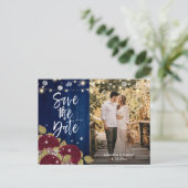 Carte Postale Faire-part Mariage Bourgogne et Bleu Nuit Save The Date Photo (Debout devant)