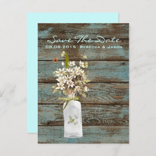 Carte Postale Faire-part mariage campagnard fleur sauvage en bois de grange (Devant / Derrière)