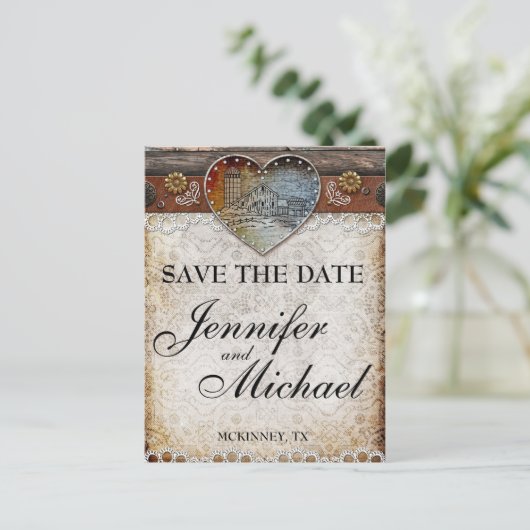 Carte Postale Faire-part Mariage campagnard rustique Grange Enregistrer la  (Debout devant)