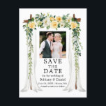 Carte Postale Faire-part Mariage Canopy Aquarelle Jaune Florale Photo<br><div class="desc">Elégante canopée de mariage Aquarelle Jaune Blanc Floral Mariage Faire-part Enregistrer La Date Carte postale comprend de belles roses jaunes et blanches. L'arche à baldaquin en bois mariage comprend une végétation botanique. Photo Couple.</div>