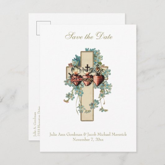 Carte Postale Faire-part Mariage Catholique Trois Cœurs Floral (Devant / Derrière)