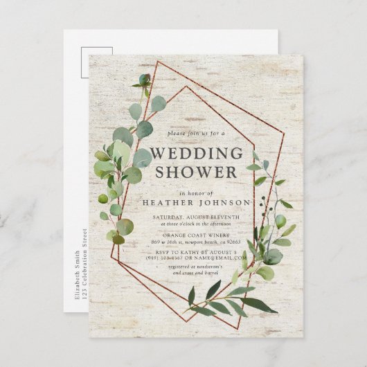 Carte Postale Faire-part Mariage champêtre en cuivre géométrique eucalyptus (Devant / Derrière)