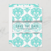 Carte Postale Faire-part Mariage chic damasqué sarcelle et blanc Épargnez l (Devant / Derrière)