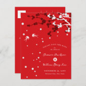 Carte Postale Faire-part Mariage Chinois Sakura Chic Hirondelles Save The D (Devant / Derrière)