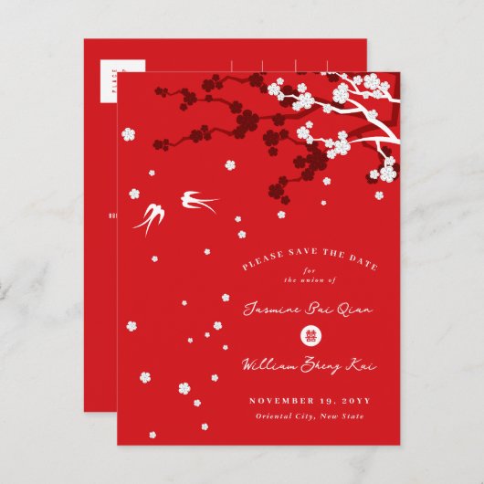 Carte Postale Faire-part Mariage Chinois Sakura Chic Hirondelles Save The D (Devant / Derrière)