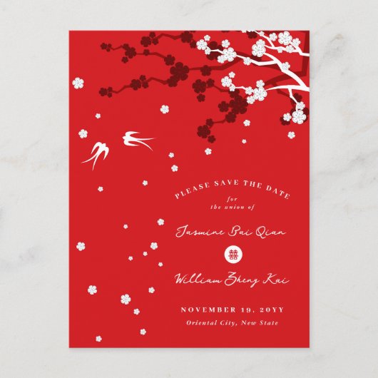 Carte Postale Faire-part Mariage Chinois Sakura Chic Hirondelles Save The D (Devant)