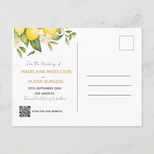Carte Postale Faire-part Mariage Citrons Citrus Photo Overlay Enregistrer L (Dos)