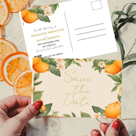 Carte Postale Faire-part Mariage Citrus Oranges Superposition Enregistrer l